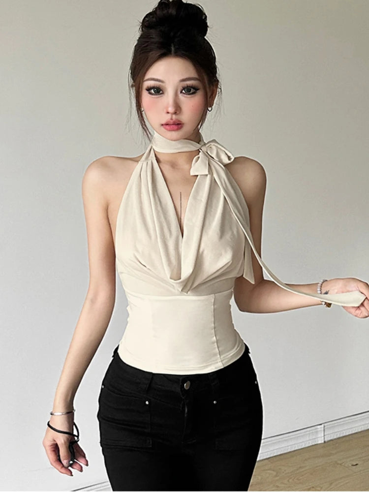 Hnewly Korean Fashion Sleeveless Tank Tops Women Vintage Plaid Y2k Crop Top Female Casual Outdoors Backless Blouse Chic Streetwear