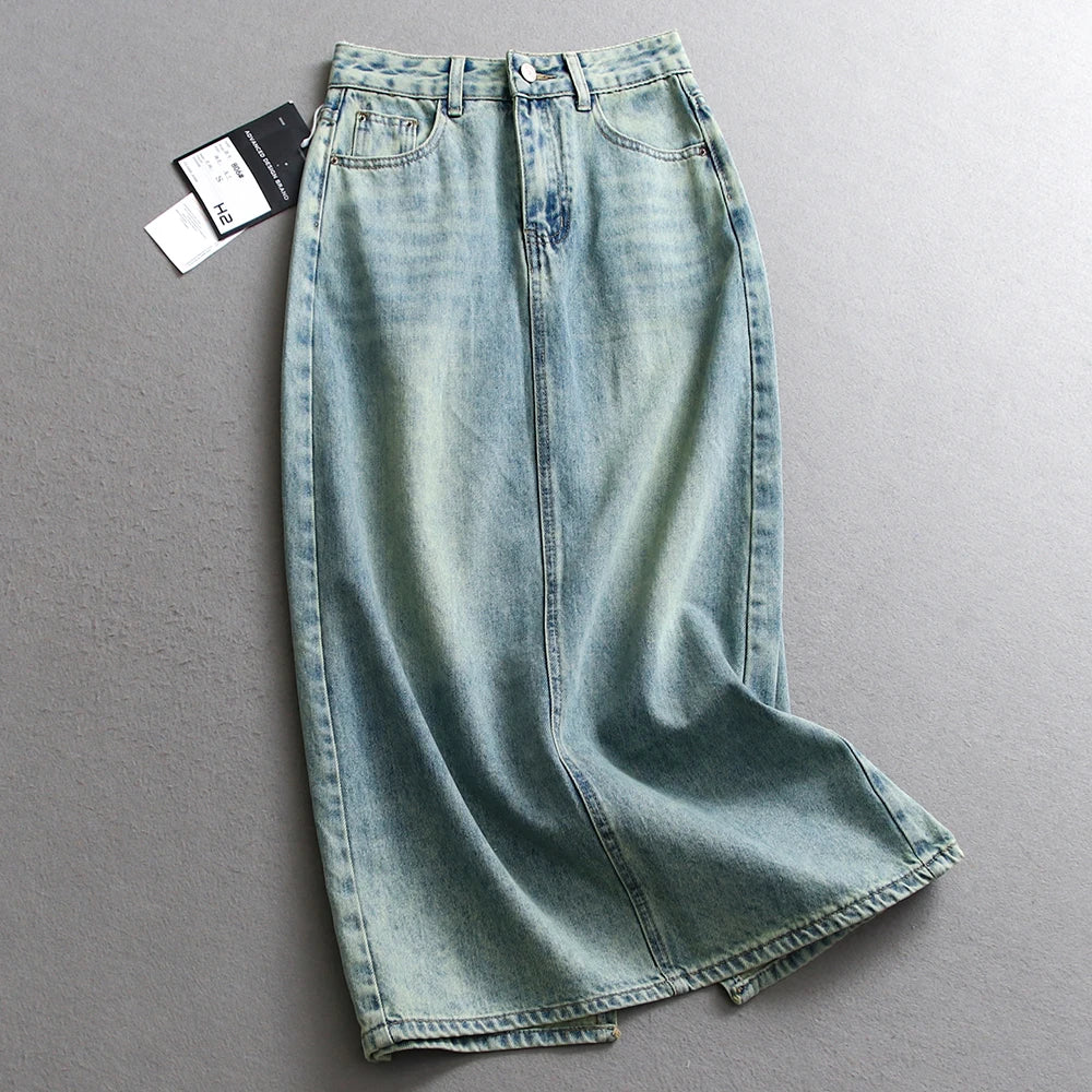 Hnewly  Splitted High Waisted Denim Skirt Women's Versatile Mid Length Jeans Skirt Autumn Light Color Fashion Double Pocket Skirts