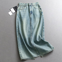 Hnewly  Splitted High Waisted Denim Skirt Women's Versatile Mid Length Jeans Skirt Autumn Light Color Fashion Double Pocket Skirts