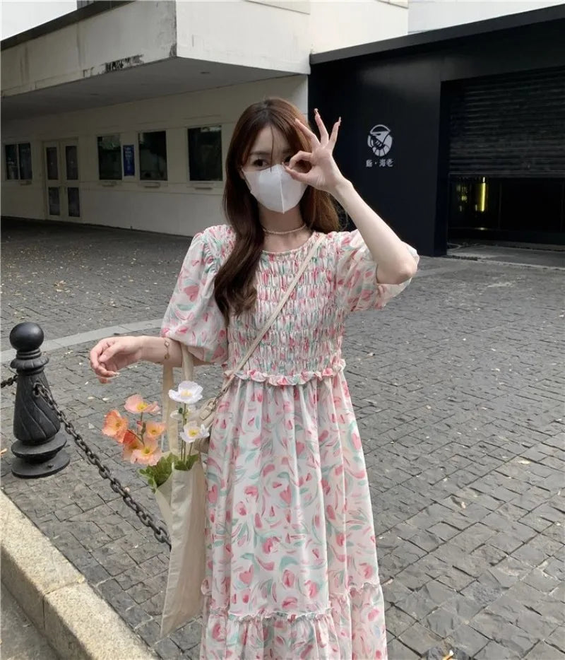 Hnewly  Woman Dress Sweet Floral Printed Puff Short Sleeve Vintage French Style Summer Fashion Casual Female Elegant Dresses