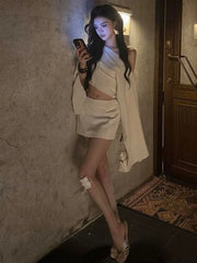 Hnewly  Y2k Aesthetic Two Piece Sets Autumn Sexy Skew Collar Cropped Pleated T-shirt + Grunge Zipper Mini Skirts Female Streetwear Suit