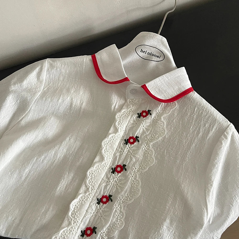 Hnewly  Embroidered Floral Lace Trim Shirt Women's Summer Casual Doll Collar Single-Breasted Tops Short Sleeves Versatile Thin Cardigan