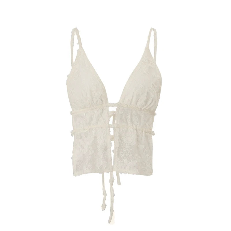 Hnewly Sexy Lace Off Shoulder Backless Top Y2K Hotsweet Sleeveless Halter Crop Tops Casual Summer for 2024 Street Party Camis