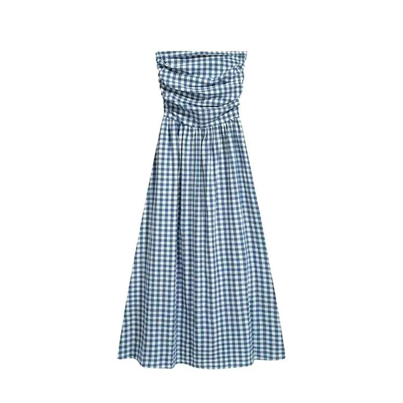 Hnewly Vintage Plaid Dress Women Summer Korean Elegant Tube Top All-Match Midi Dress Y2K Folds Off Shoulder Holiday Beach Vestidos
