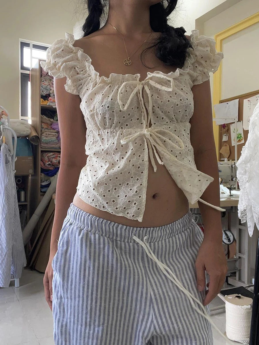 Hnewly y2k Tank Top Women Coquette Clothes Ruffle Trim Hollow Out Square Neck Sleeveless Tie Up T Shirt 2000s Vest Streetwear