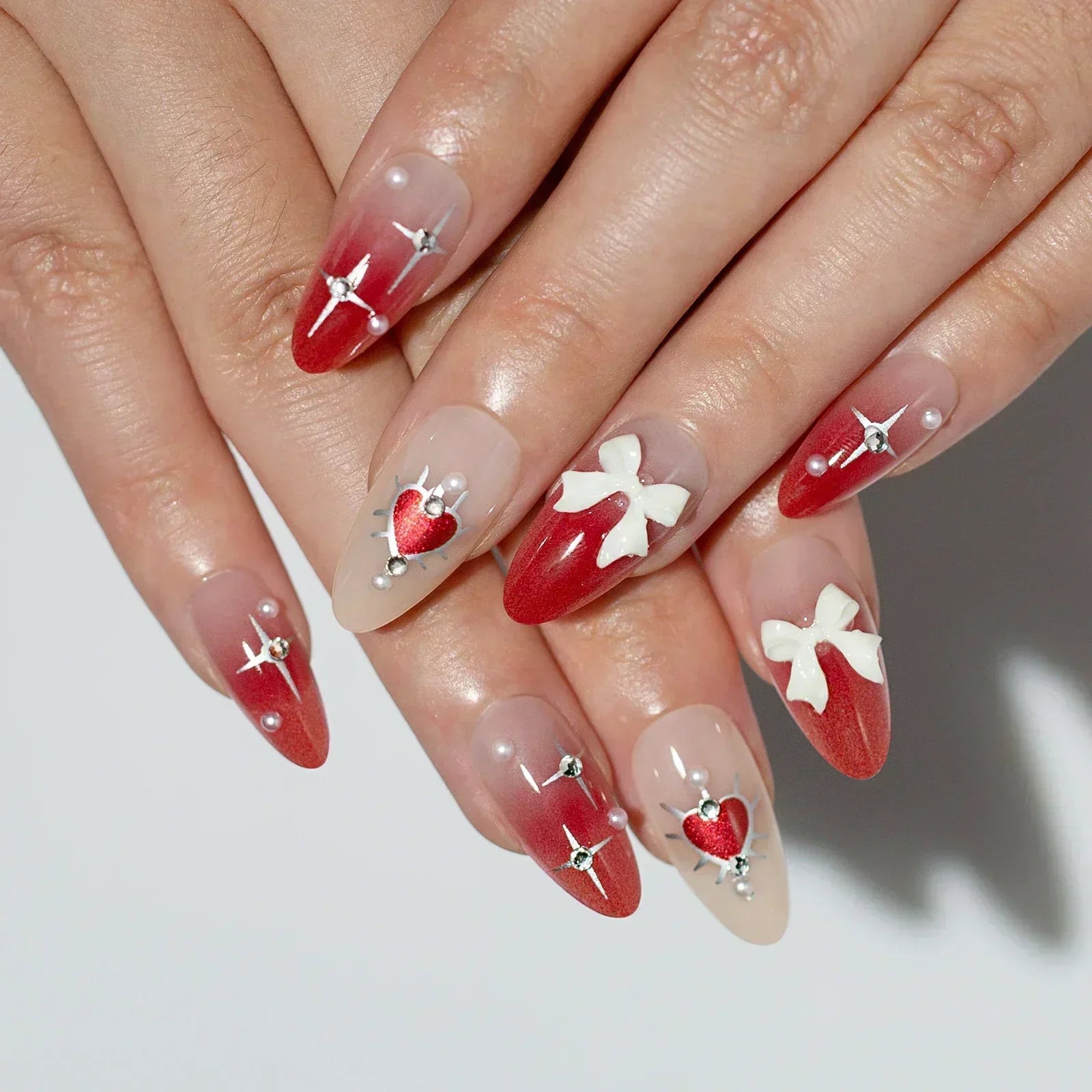 Hnewly 24Pcs Pink Almond French Press on Nails With 3D Bow ripple charms Design Fake Nails Ballerina False Nails Full Cover Nail Tips