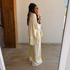 Hnewly  Casual Striped Women's Shirt Trouser Suits Long Batwing Sleeve Turn-Down Collar Top Wide Leg Pants Summer Female Outfits