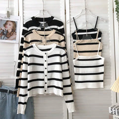Hnewly  Women's Striped Knitting Cardigan Single Breasted Long Sleeved Sweater+Spaghetti Straps Vest Spring Autumn Korean Top 2pcs