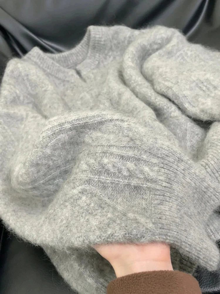 Hnewly Grey V Neck Knitted Sweaters Women Autumn Korean Loose Lazy Style Casual Jumpers Y2K Fashion Winter Warm Simple Pullovers Mujer