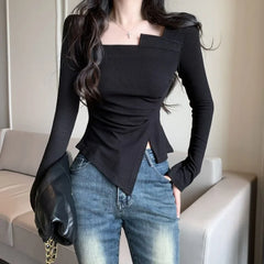 Hnewly Irregular T Shirt for Women Autumn Slim Crop Top Korean Style Long Sleeve Tees Y2k Solid Ladies Tshirts Femme Clothing New