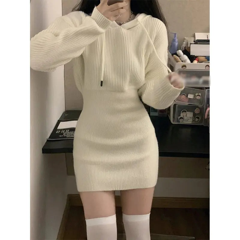 Hnewly Hooded Knitted Dress for Women Sweater Bottoming Short Skirt