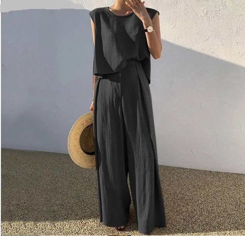 Hnewly Spring Summer Solid Color Cotton Linen Two Piece Set Women Fashion Sleeveless Tops Loose Wide Legs Pants Ladies Sets New
