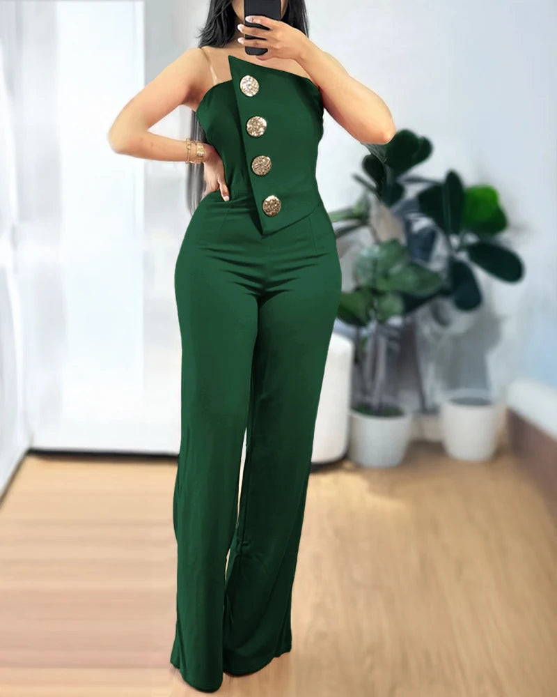 Asymmetrical Bandeau Strapless Jumpsuit Metal Button Decor Casual Overalls