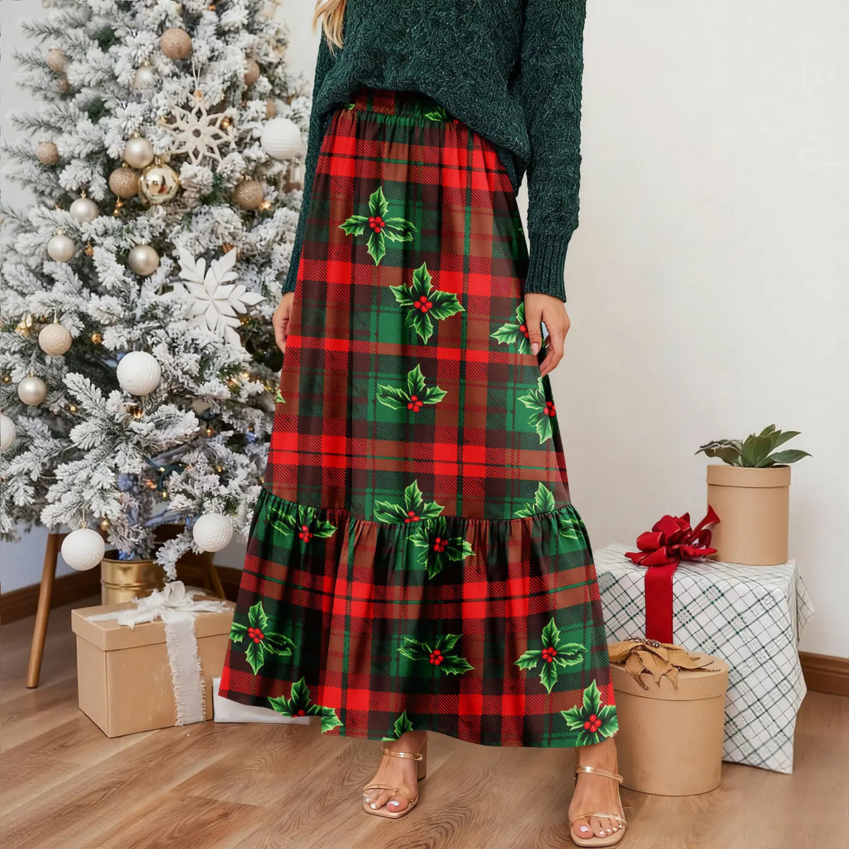 Hnewly  Retro Style Medieval High Waist Baggy Ruffled  Skirt for Female Fashion Classic Plaid Daily Travel Versatile Pleated Half Dress