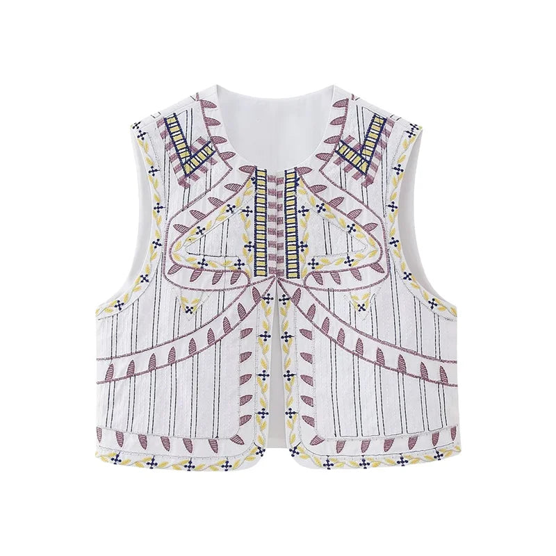 Hnewly Waistcoat Vest y2k Clothes Women Boho Embroidery Round Neck Sleeveless Open Front Jacket Tops 2000s Clothing Streetwear