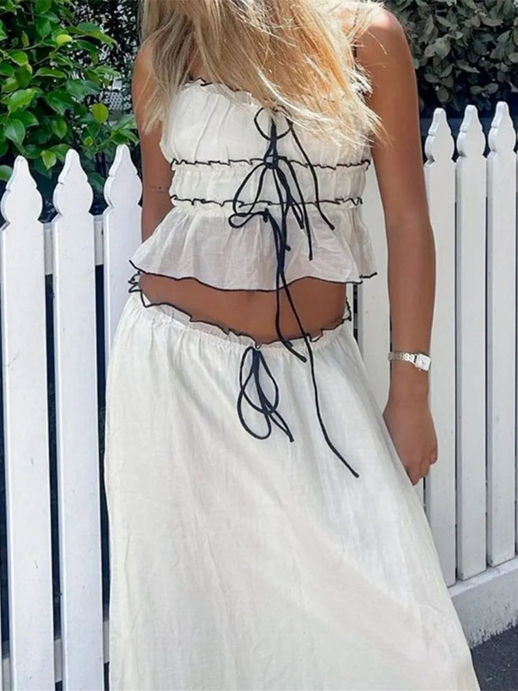 Hnewly Ruffle Bandage Mesh Dress Sets For Women Lace See Through Crop Tops Ladies Holiday Elegant Skirt Suits Womens Outfits New