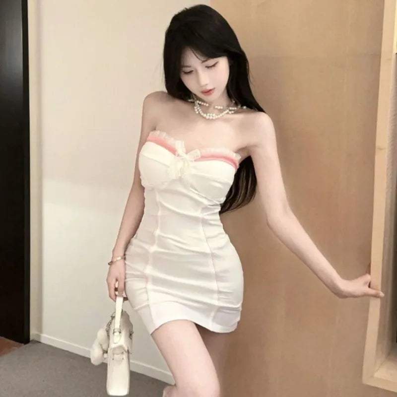 Hnewly  Woman Dress Sexy Elegant Strapless Ruffles Patchwork Lace Mesh Slim Backless Bow Party Mini Dresses Clubwear Sweet