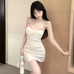 Hnewly  Woman Dress Sexy Elegant Strapless Ruffles Patchwork Lace Mesh Slim Backless Bow Party Mini Dresses Clubwear Sweet