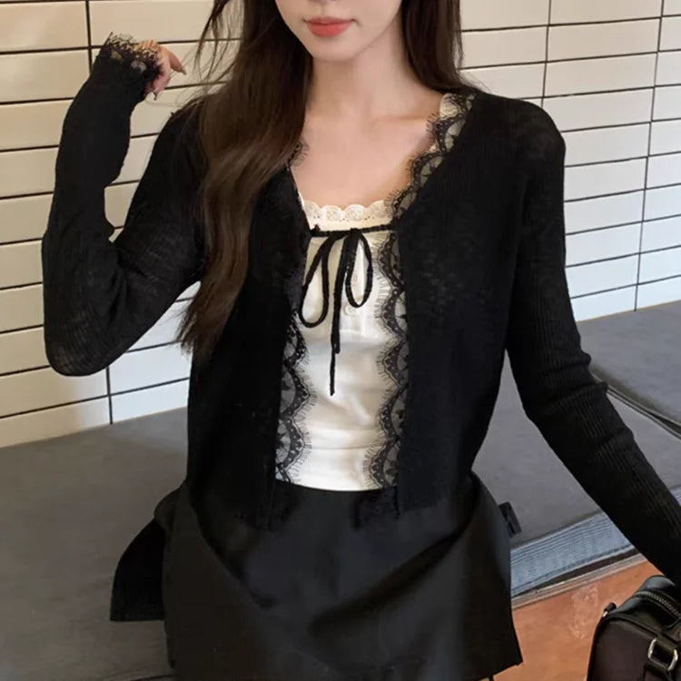 Hnewly  Lace Trim Tie Up Knit Top for Women Sheer Knitted Crop Cardigan Long Sleeve Open Jacket Teen-girl Y2K Sweetgirl Cute Outfit