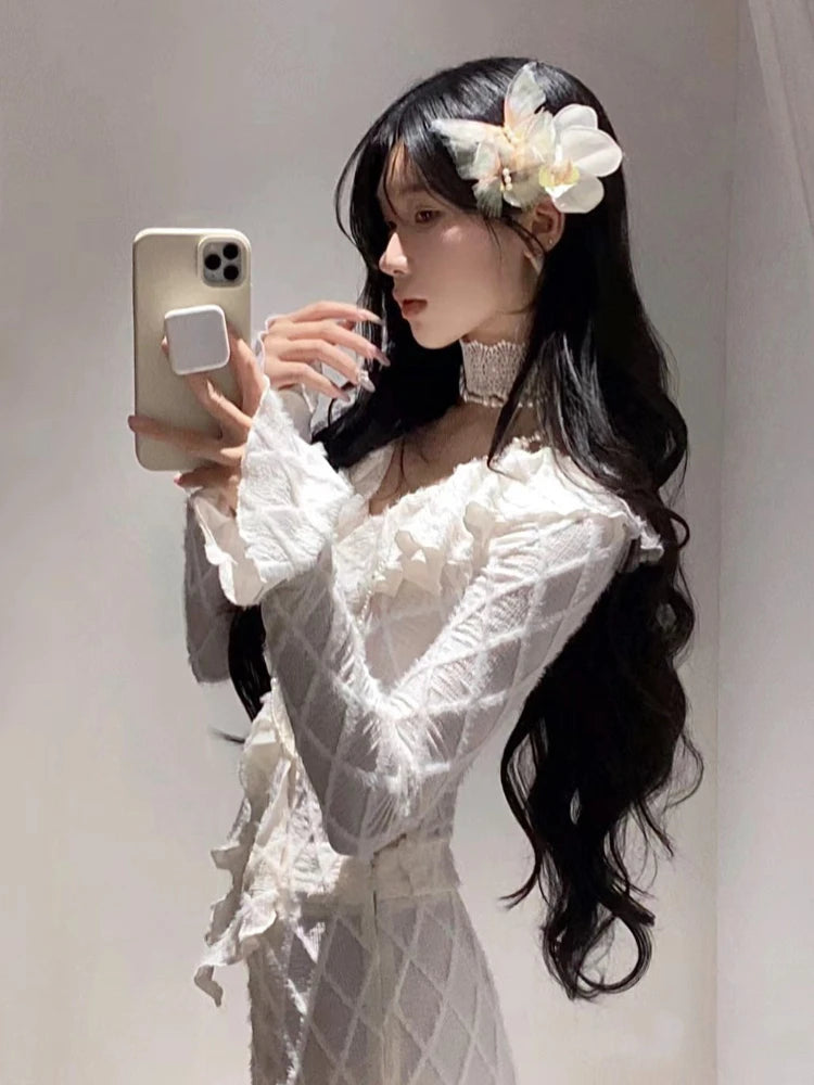 Hnewly Elegant French 2 Piece Skirt Set Women Autumn Y2k Long Sleeve Blouse + Midi Skirts Vintage Suits Korean Fashion Bodycon