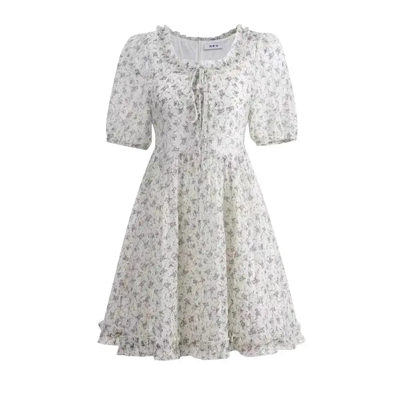 Hnewly  Mini Dresses Women Floral Printed Short Sleeve V Neck Puff Short Sleeve Bandage Ruffles Sweet Dress Female Elegant Casual