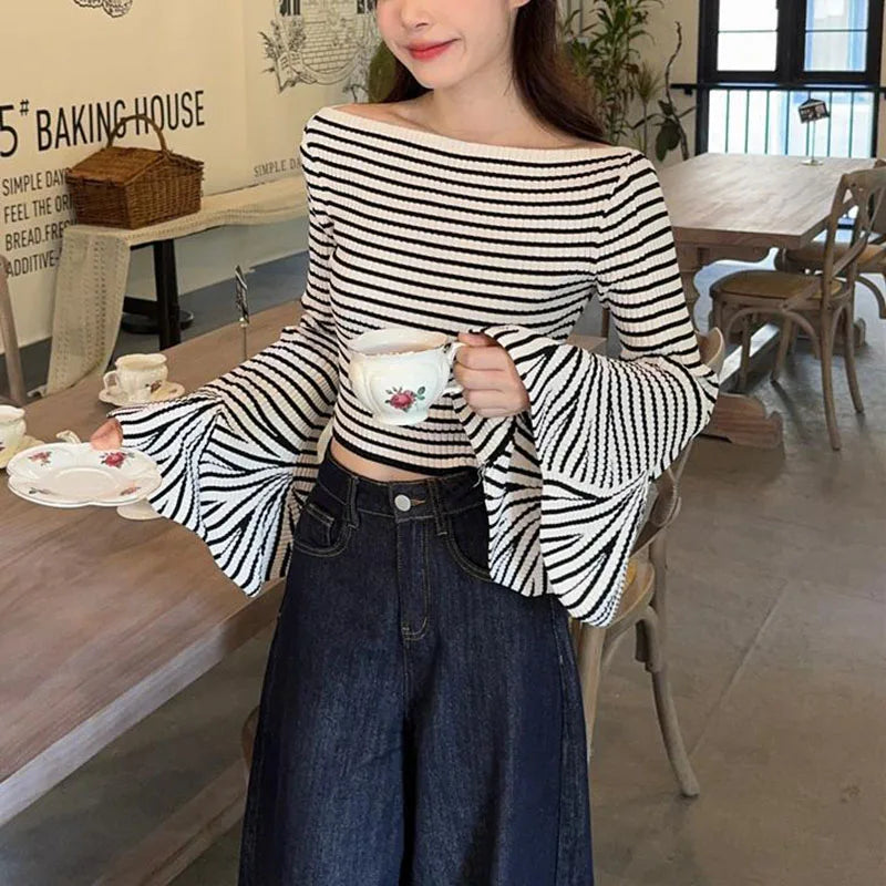 Hnewly y2k Knit Top Women Clothes Elegant Striped Off Shoulder Flared Long Sleeve T Shirt 2000s Aesthetic Clothing Streetwear