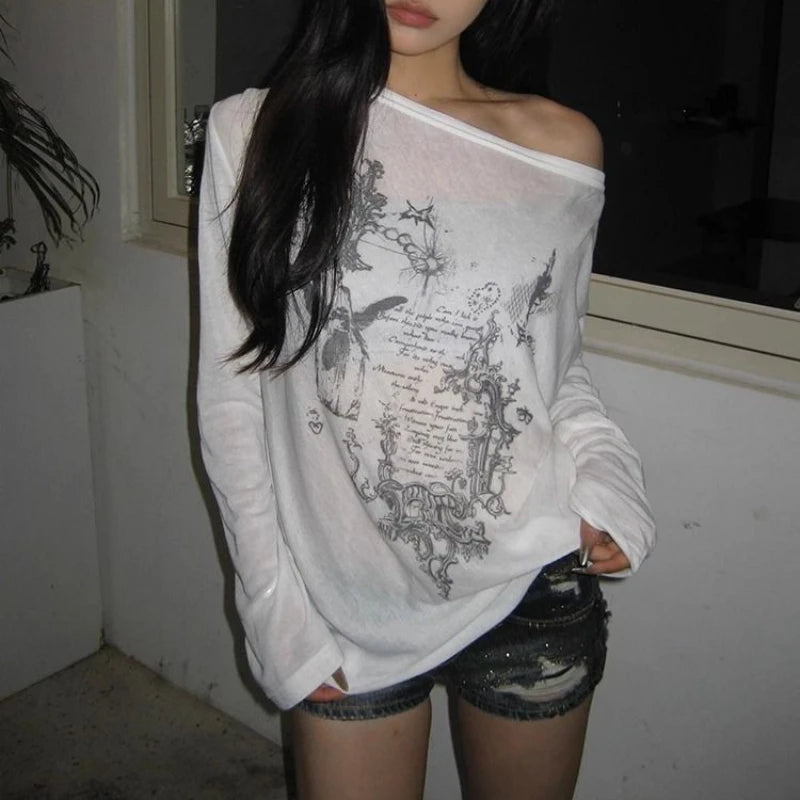 Hnewly  Korean Fashion Graphic Tees Women Transparent Vintage Gothic T Shirt Long Sleeve Loose Punk T-shirt Streetwear Tops