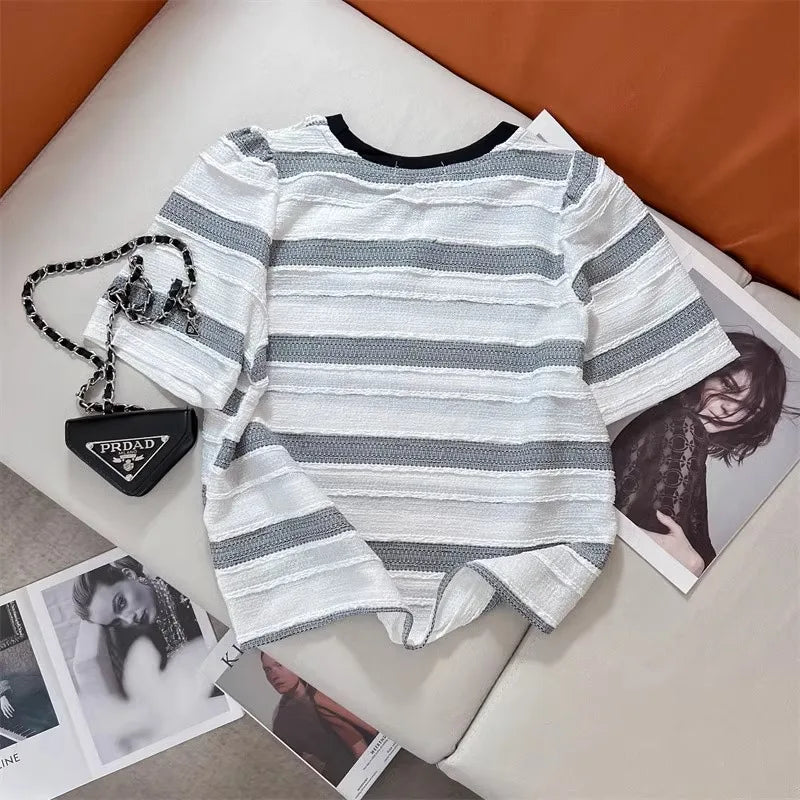 Hnewly  Pink Striped T-shirt Women's Sweet Dopamine  Korean Style Short Top Classic Round Neck Versatile Short Sleeved Tee