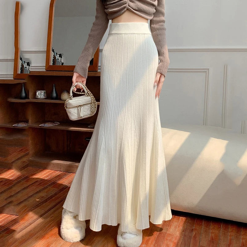 Hnewly  Sexy Hip-Wrapped Knitting Long Skirt for Women Elegant Elastic High Waist Mermaid Skirts Woman Pleated A Line Midi Skirt Ladies