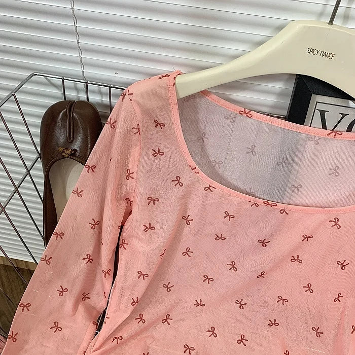 Hnewly Pink Bow Printed Long Sleeved T-shirt Women's Spring  Summer Sun Protection Top Korean Version Round Neck Slim Fit Versatile Tee