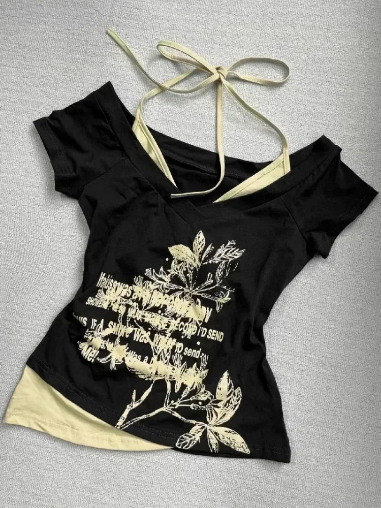 Hnewly Summer Fake Two Pieces Halter Bandage Vintage T-shirts Y2k Aesthetic Slim Crop Tops Women Grunge Print Harajuku Casual Sexy Tee