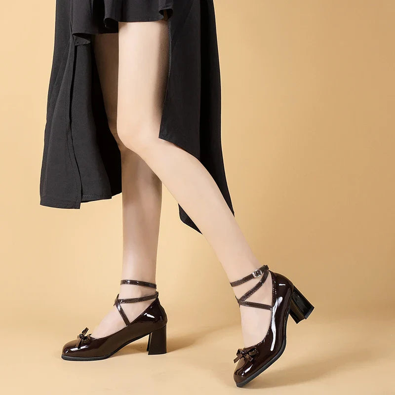 Hnewly Black Retro Cross-Tie Pumps Casual Summer Round Toe Shoes Ladies Sweet Fashion Shoes Woman Bow Design