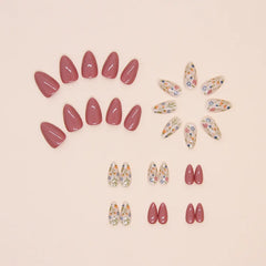 Hnewly 24pcs/set Short Almond Flowers Reusable Adhesive False Nails Cheap Artificial Presss on Nails with Glue Woman Fake Nail Full Set