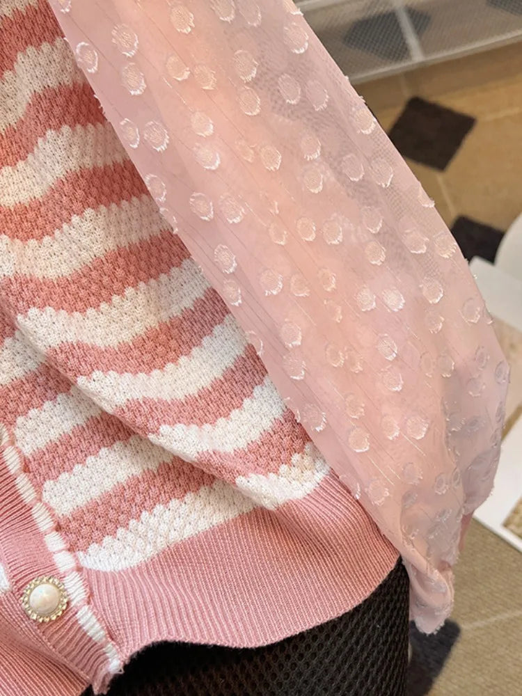 Hnewly  Striped knitted Sweater For Women's Spring Autumn French Elegant Round Neck Long Sleeved Patchwork Chiffon Loose All-Matched Top