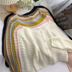 Hnewly  Crochet Cardigan for Women Sheer Openwork Knit Long Sleeve Button Up Crop Top Teen-girl Shrug Cardigan Autumn Spring Y2K Outfit