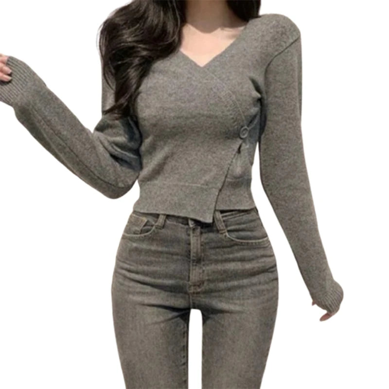 Hnewly y2k Sweaters Women Casual Solid Color V Neck Button Long Sleeve Crop Tops Cardigan Knitwear 2000s Clothing Streetwear