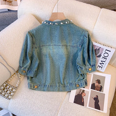 Hnewly  Sweet Nail Bead Short Sleeved Denim Jacket Women Summer Thin Style 2025 New Casual Single Breasted Shirt  Turndown Collar Top