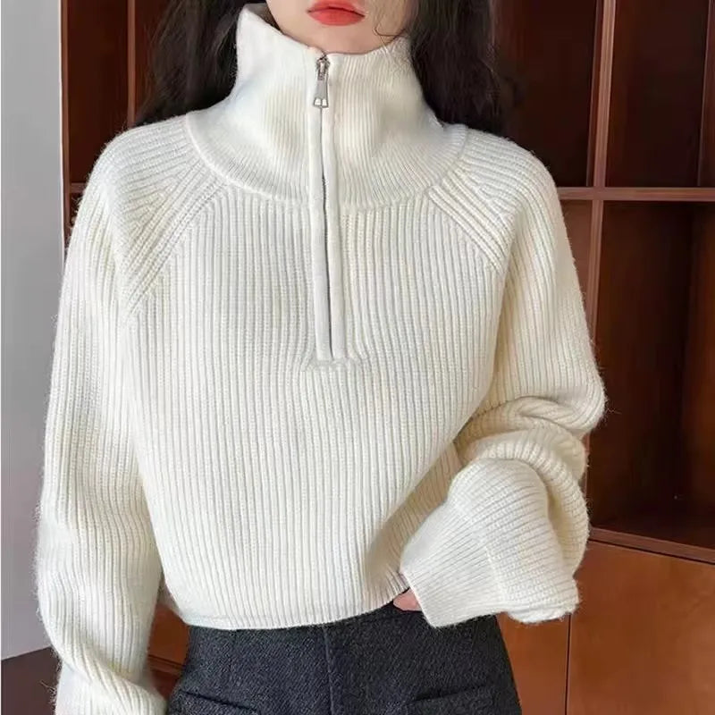 Hnewly  Half Zip Collar Sweater Women Pullovers Soft Knitted Long Sleeve Short Jumper Fall Winter Teen-girl Korean Fashion Outfit