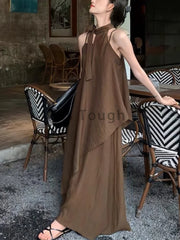 Hnewly Korean Fashion Loose O Neck 2 Piece Set Women Elegant Casual Solid Sleeveless Off Shoulder Top + High Waist Thin Dress 2024 New
