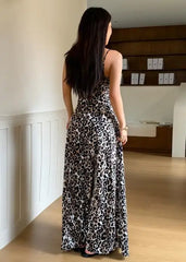 Hnewly  Women's Elegant  Suspender Print Long Skirt Dress, Leopard Print Maxi Dress with Sweetheart Neckline