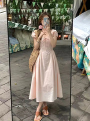 Hnewly  Woman Dress Sweet Square Collar Drawstring Square Collar Short Sleeve Summer Fashion Princess Female Elegant Dresses