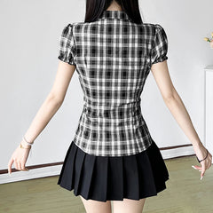 Hnewly  Ruched V-neck Plaid Blouse Women Korean Style Button-up Short Sleeve Top Sweet Slimming Shirts Elegant Streetwear Y2k