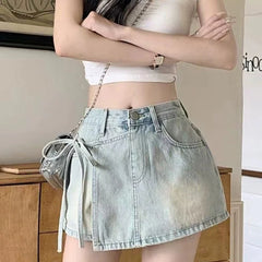 Hnewly  Fashion Bow Knot A-Line Denim Skirts Women Korean Asymmetrical Split Blue Skirt Ladies Summer New Basic High Waist Skirts Mujer