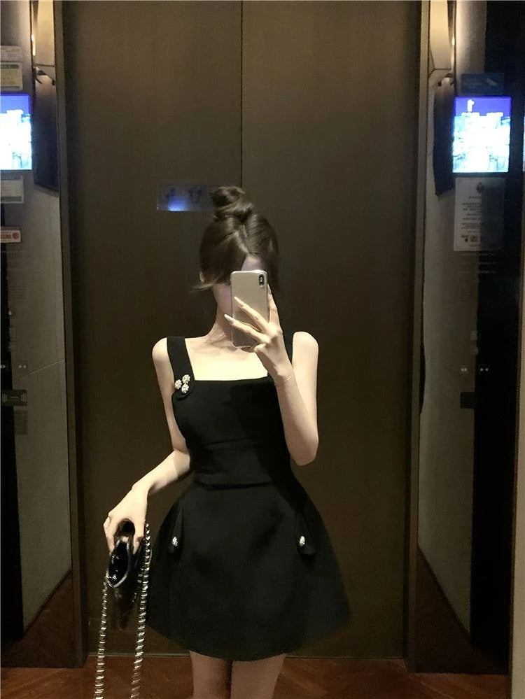 Hnewly  Woman Dress Sleeveless Square Collar Slim Elegant Vintage Temperament Summer Fashion Mini Dresses Female Party Sexy