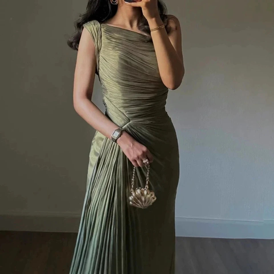 Hnewly   A-Line Side Split Simple Draped Olive Green One-Shoulder Satin Evening Dresses Mermaid Floor Length Party Prom Gowns