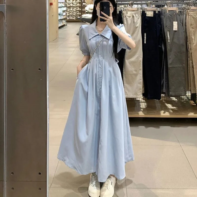 Hnewly  Women Dress Preppy Style Peter Pan Collar Short Sleeve Sweet Single Breasted Elegant Fashion Female Dresses Casual