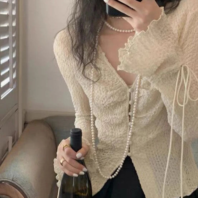 Hnewly Shirts Women Lace-up Sexy Temper Korean Style Simple Personality All-match Leisure New Slim Ladies Spring Delicate Popular Chic