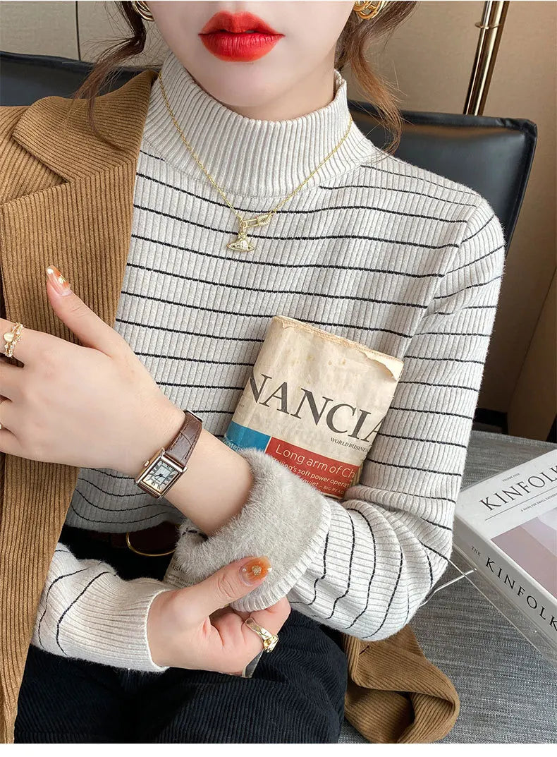 Hnewly  Half High Collar Striped Sweater Velvet Bottoming Shirts for Women's Autumn Winter Thicked Warm Pullover Slim Knitting Top