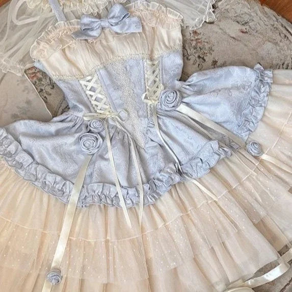 Hnewly  Japanese Sweet Lolita Kawaii JSK Dress Women Lovely Ballet Princess Cake Dresses Harajuku Lace Bow Patchwork Mini Dress