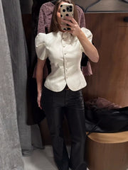Hnewly  Stylish Puff Sleeves Tops Women Slim Single-breasted Waist-cinching Round Neck Coats New Ladies Spring Summer Solid Outwear